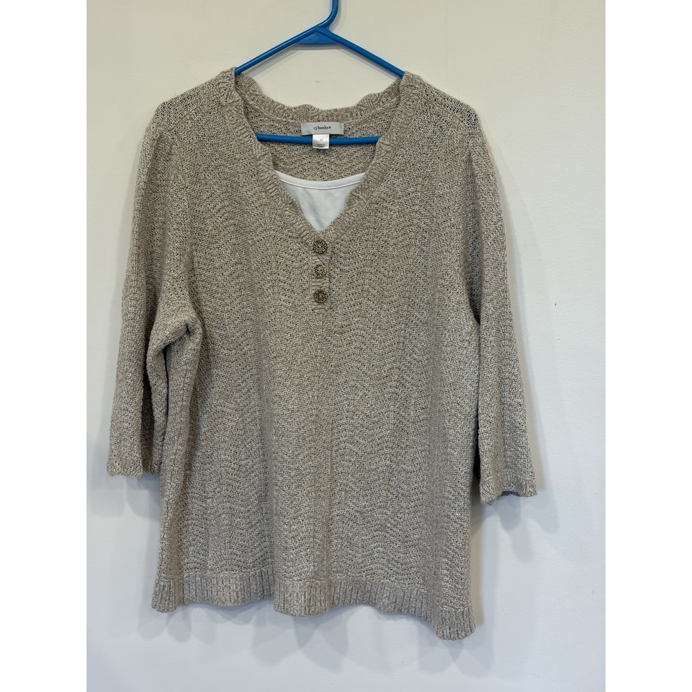 Oatmeal Marled Knit Sweater Womens V Neck Button Henley Cozy Grandmacore 2x